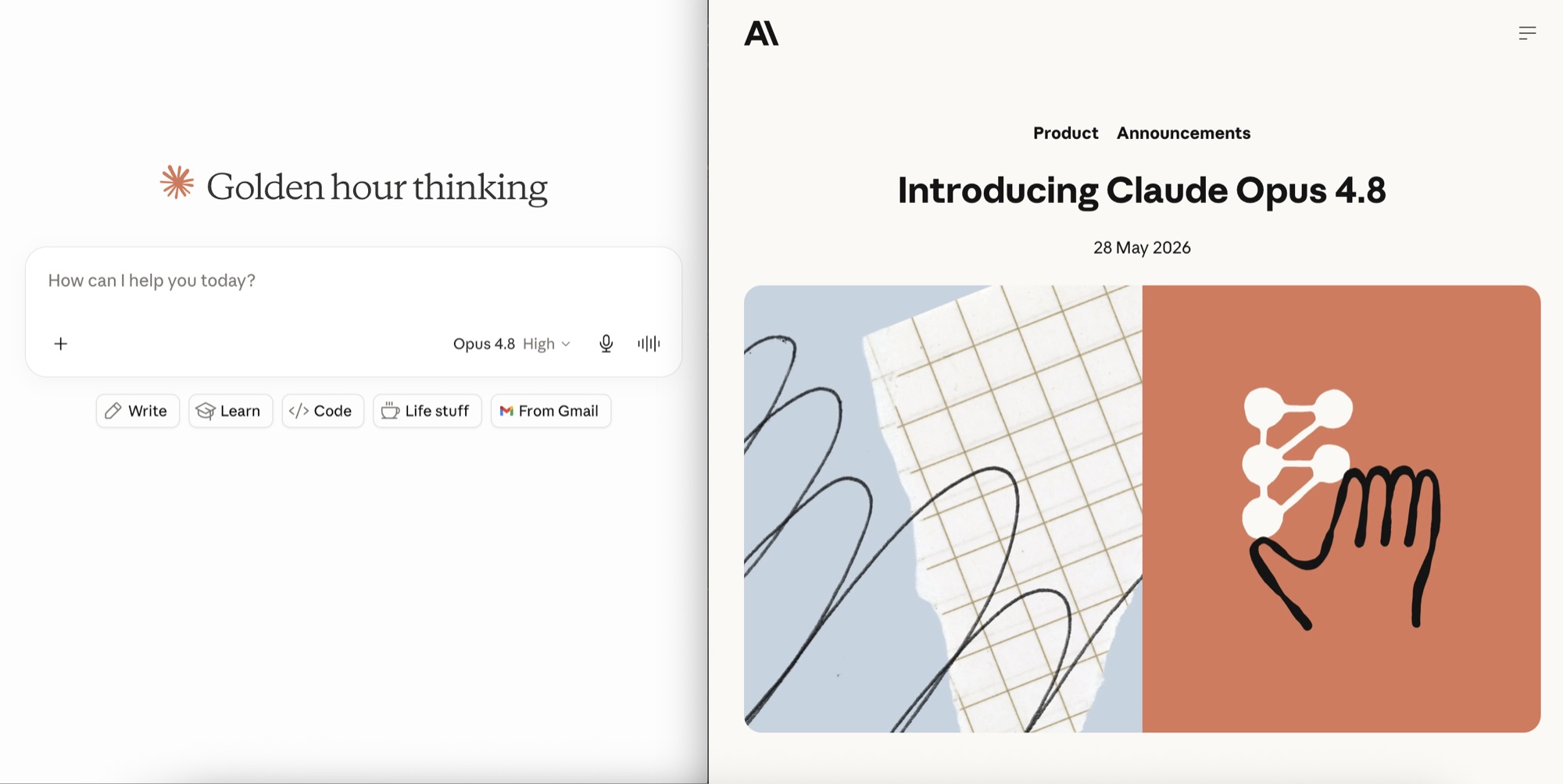 Split-screen layout showing the Claude app interface on the left and the Anthropic Claude Opus 4.8 announcement on the right.
