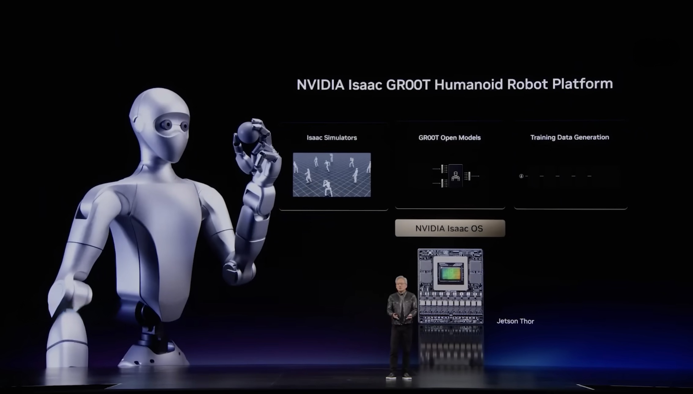 Jensen Huang on stage at GTC Taipei, Computex 2026, presenting the NVIDIA Isaac GR00T humanoid robot platform