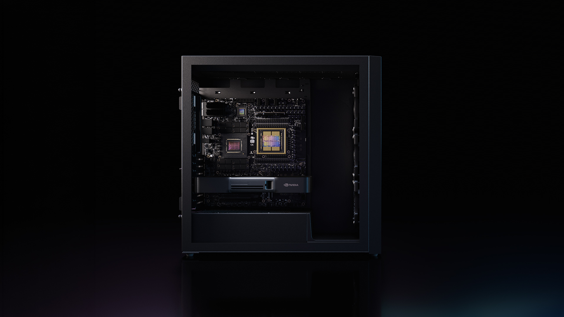 The interior of an NVIDIA AI workstation, showing the GPU and CPU dies on the board