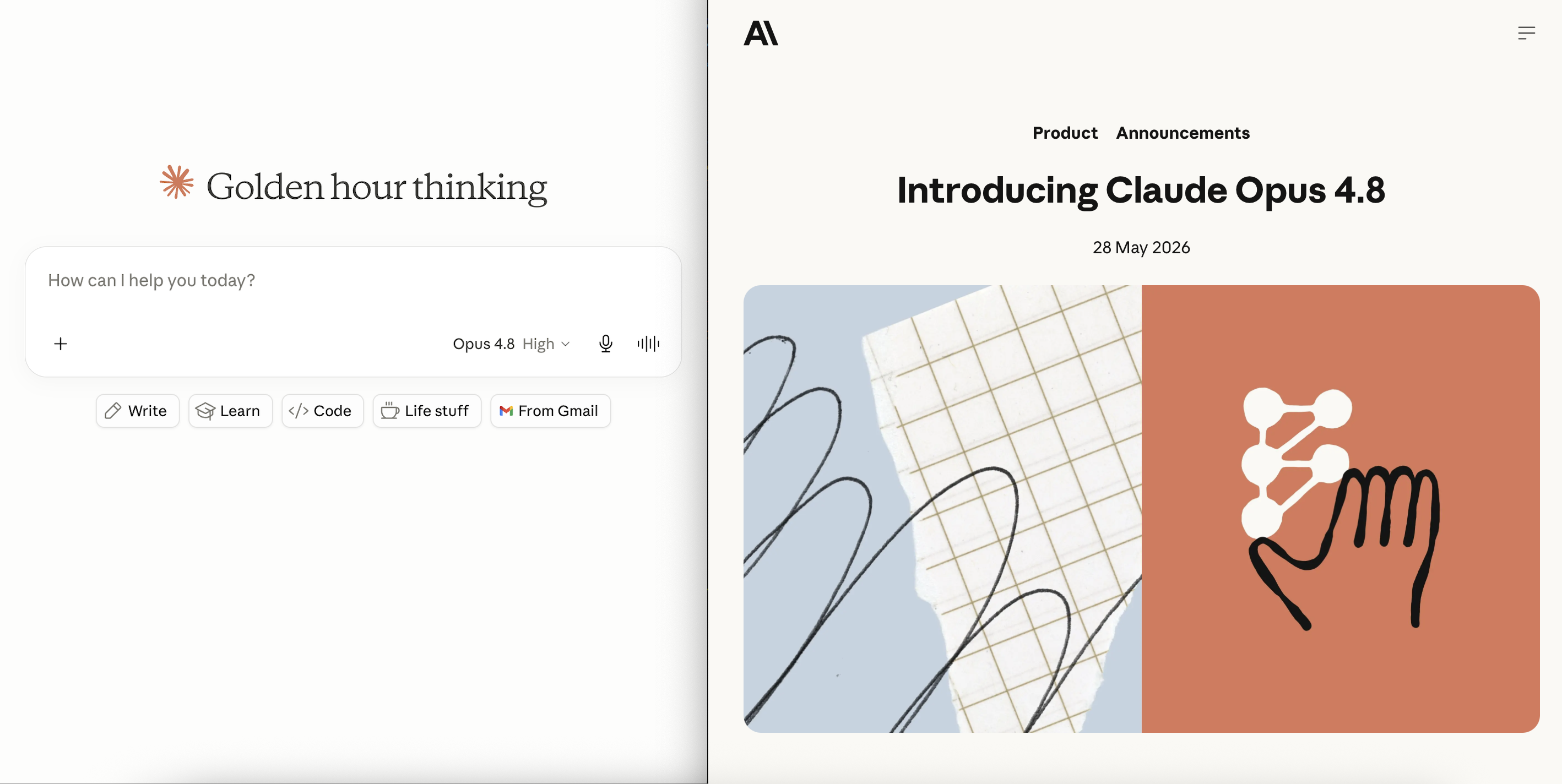 Split-screen layout showing the Claude app interface on the left and the Anthropic Claude Opus 4.8 announcement on the right.
