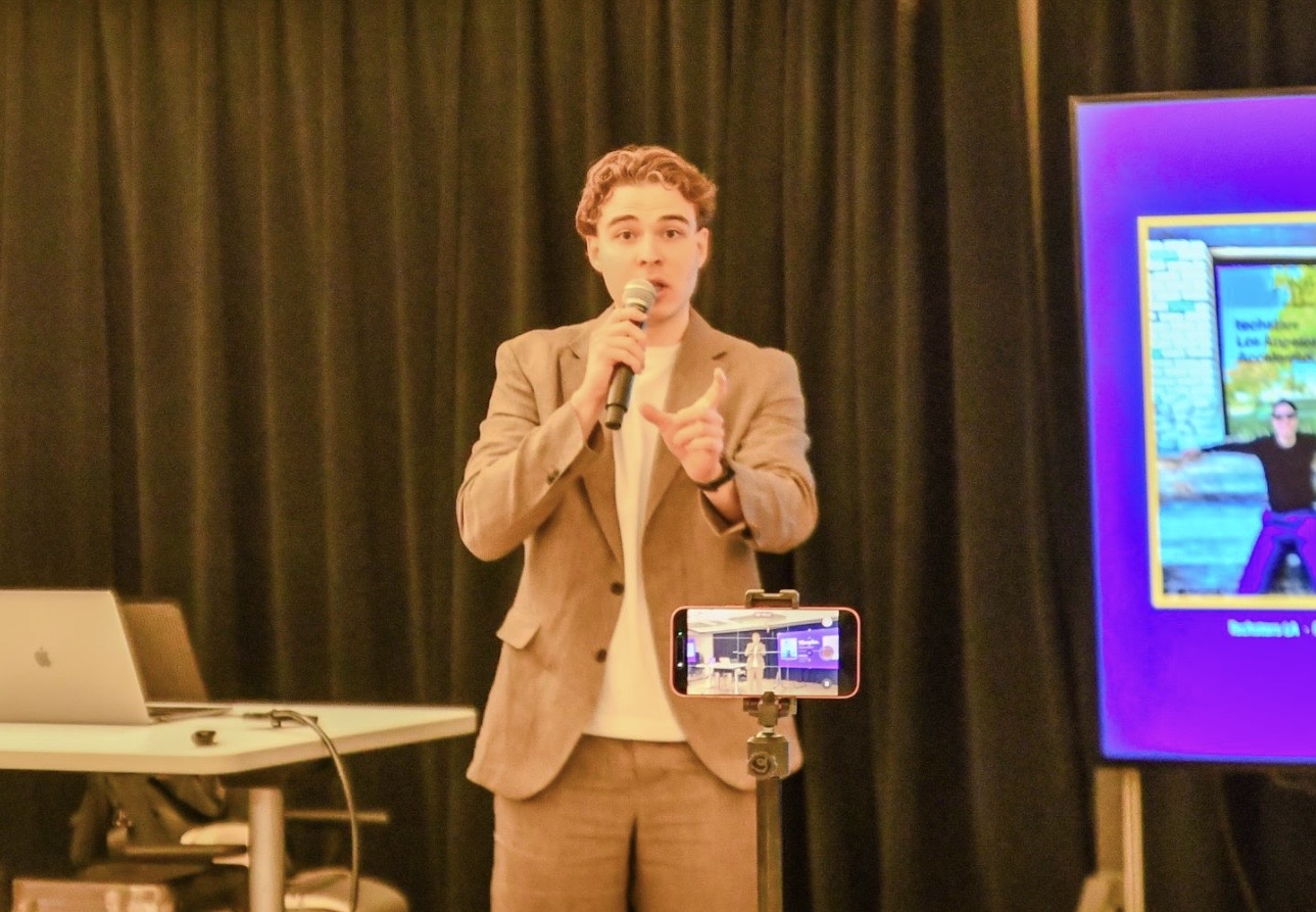 Michael Pavlovskyi presenting on AI automation for professional services firms at Northwestern University