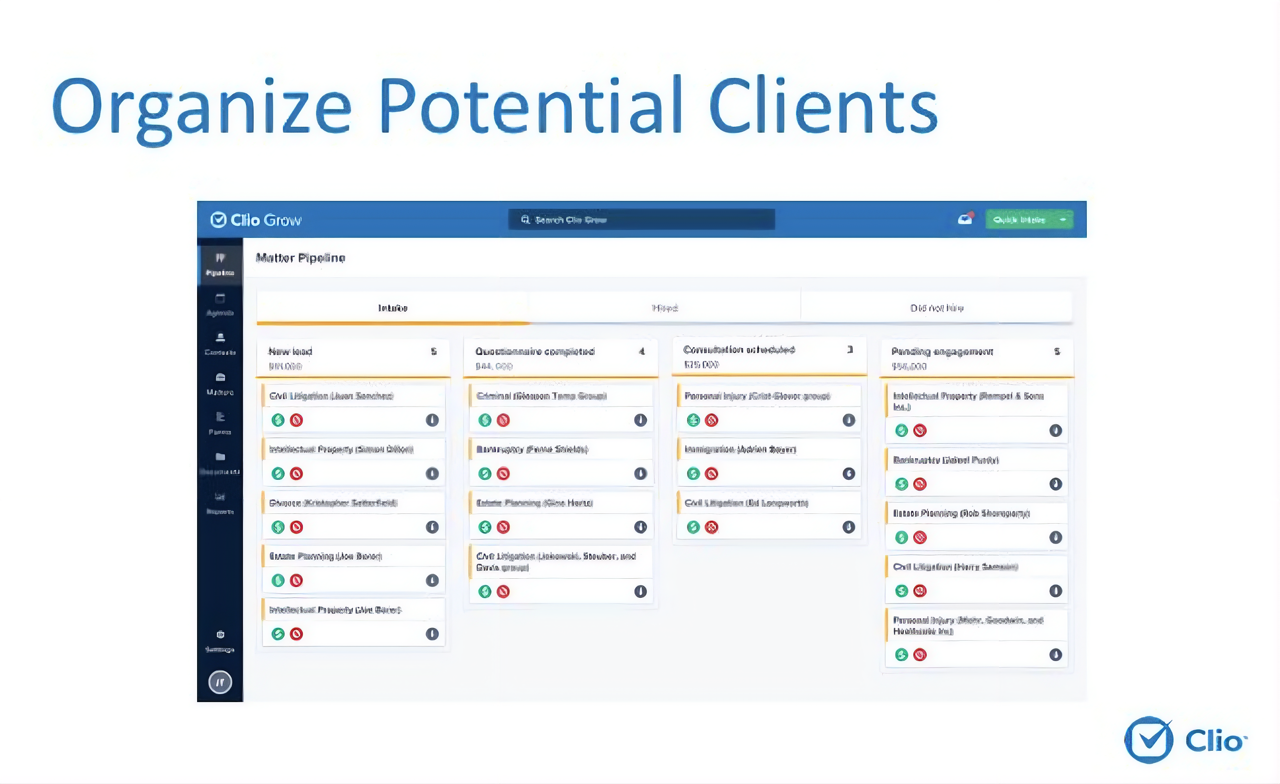 Clio Grow Matter Pipeline dashboard showing intake stages: New lead, Questionnaire completed, Consultation scheduled, and Pending engagement