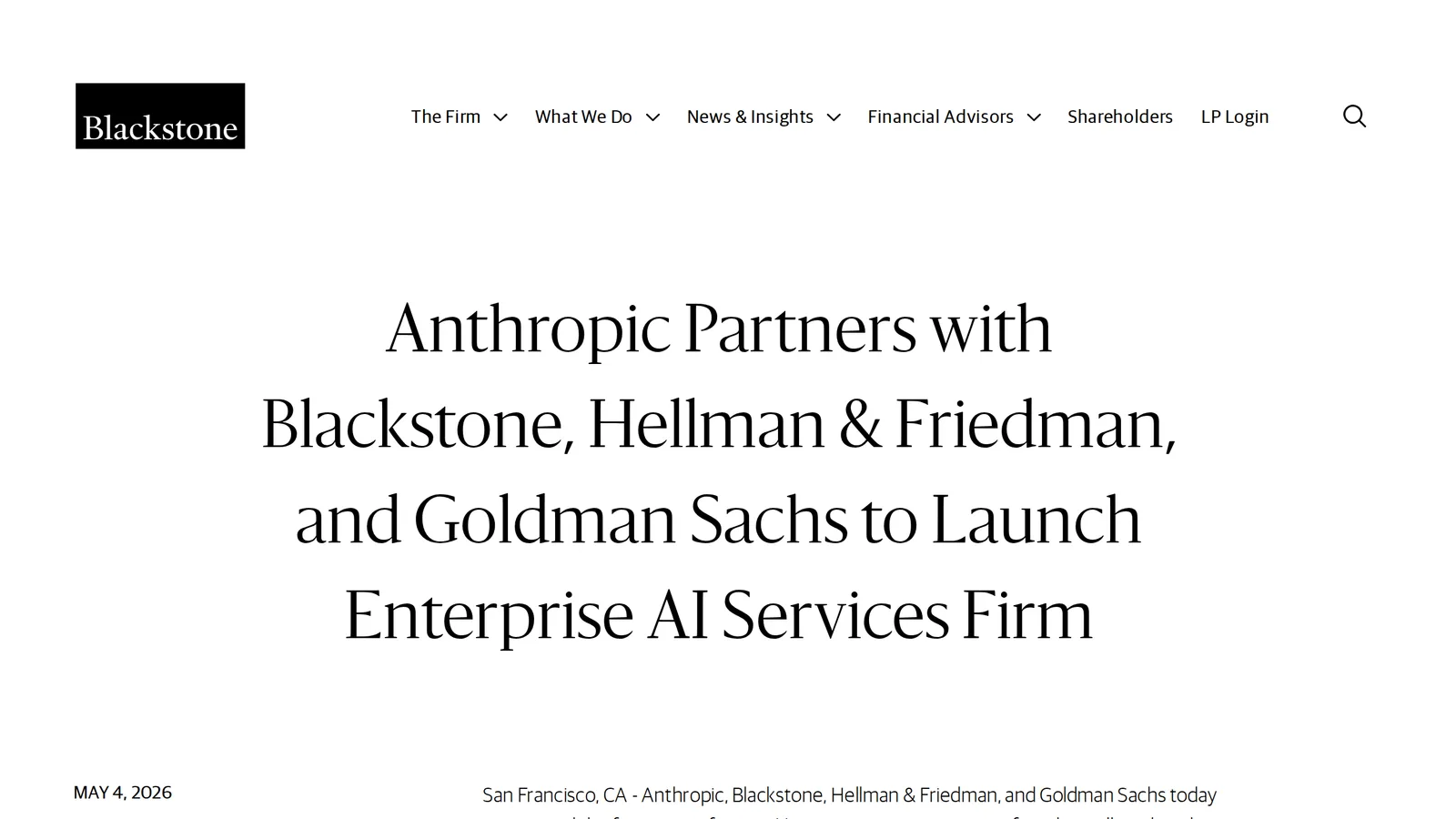 Blackstone's May 4, 2026 announcement of a joint venture with Anthropic, Hellman & Friedman, and Goldman Sachs to bring Claude into enterprise operations