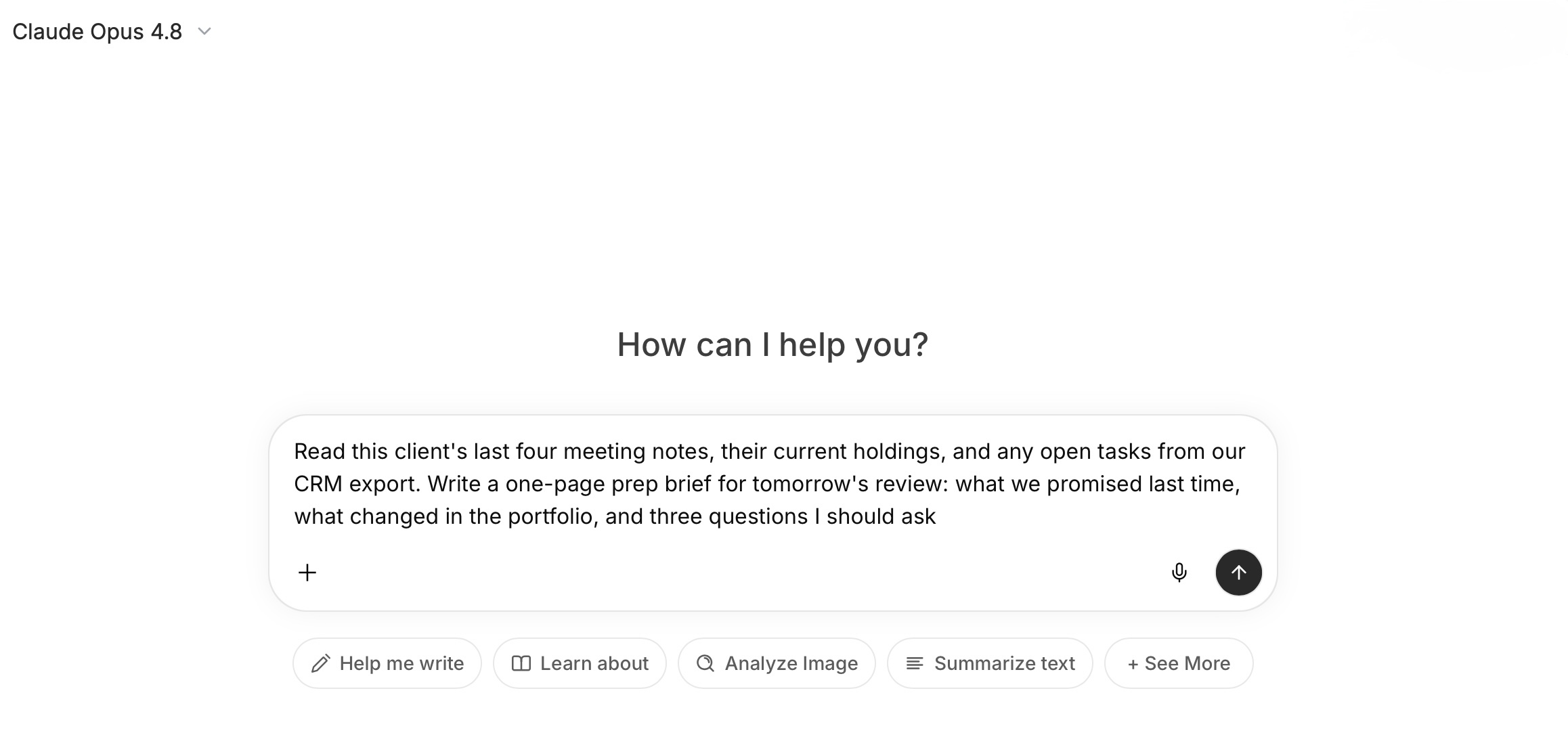 Claude Opus 4.8 prompt for preparing a client review from CRM data