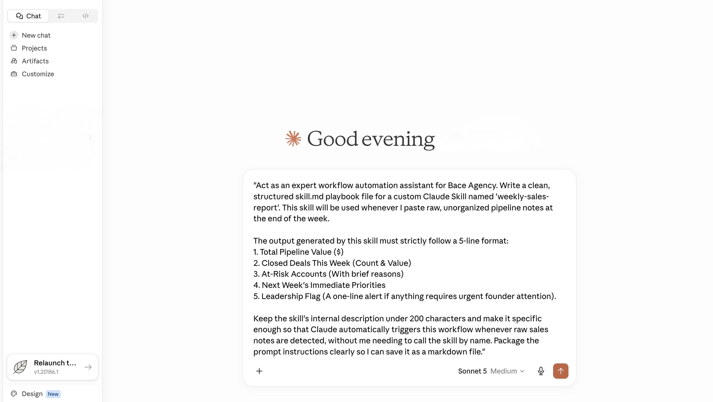 A Claude.ai chat showing a prompt that instructs Claude to write a structured skill.md playbook for a weekly sales report, with a strict five-line output format.