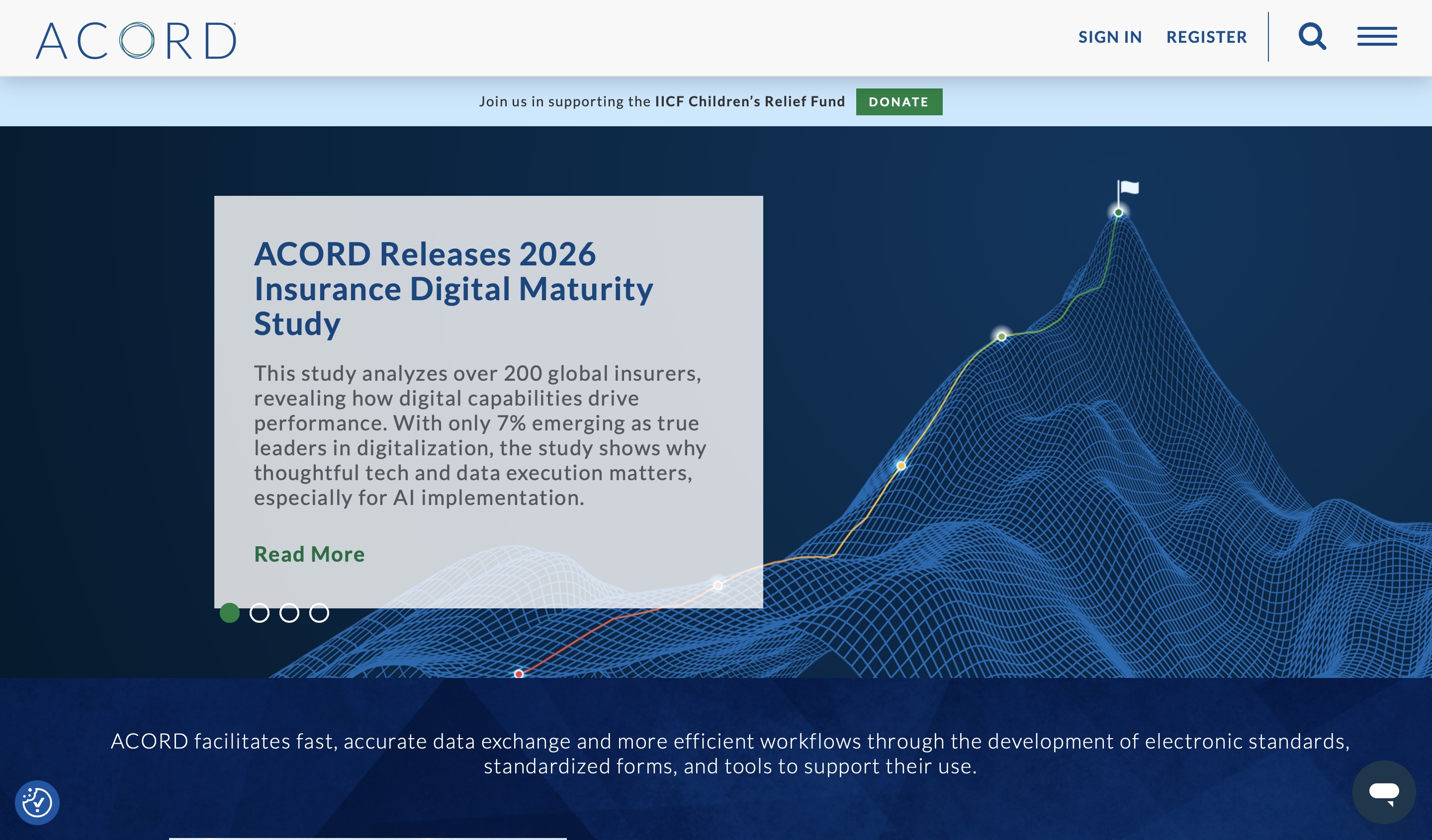 Official homepage screenshot of ACORD featuring their 2026 Insurance Digital Maturity Study on data execution and AI implementation.
