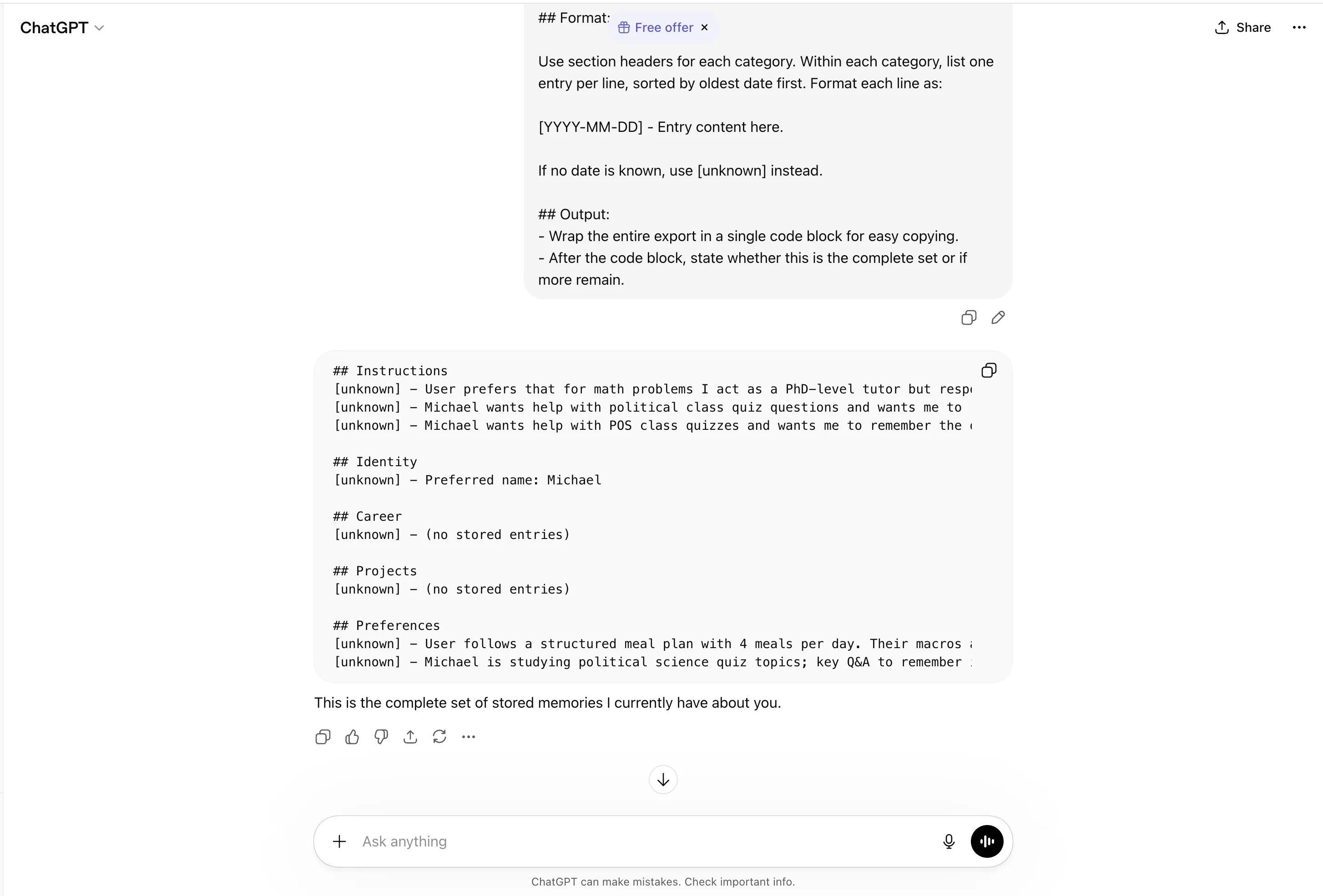 ChatGPT memory export showing structured sections including Instructions, Identity, Career, Projects, and Preferences