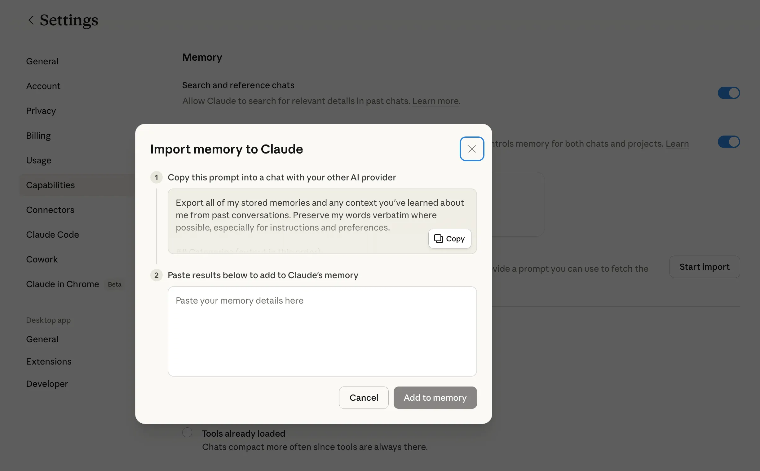 Claude Import memory dialog showing the export prompt and Copy button
