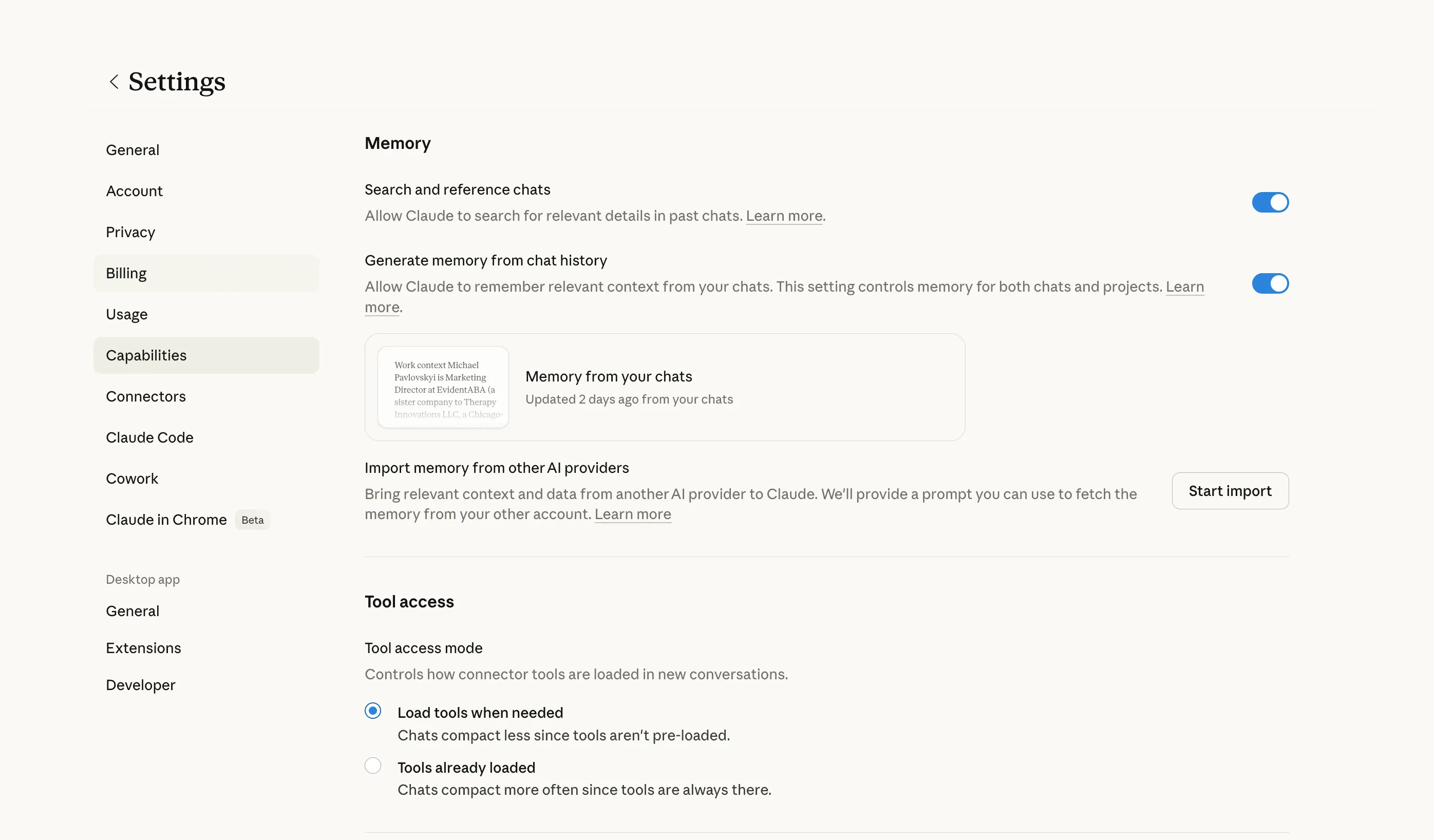 Claude Settings page showing the Capabilities section with Import memory from other AI providers and Start Import button