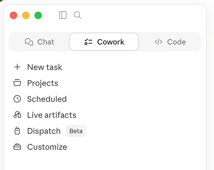 Claude Desktop sidebar with Cowork selected