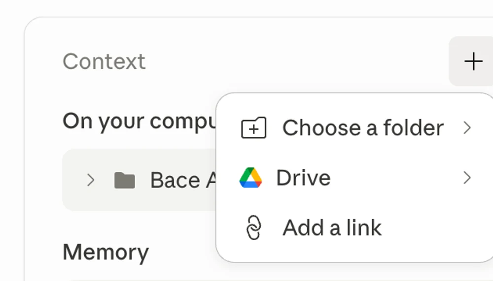 Claude project Context menu showing Choose a folder, Drive, and Add a link