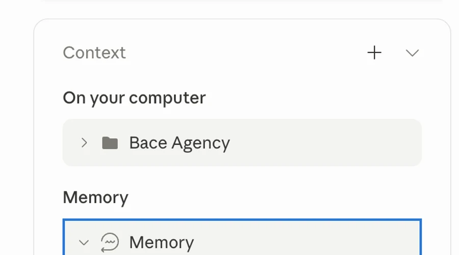 Bace Agency Claude context panel showing a Bace Agency folder and Memory row with file details removed