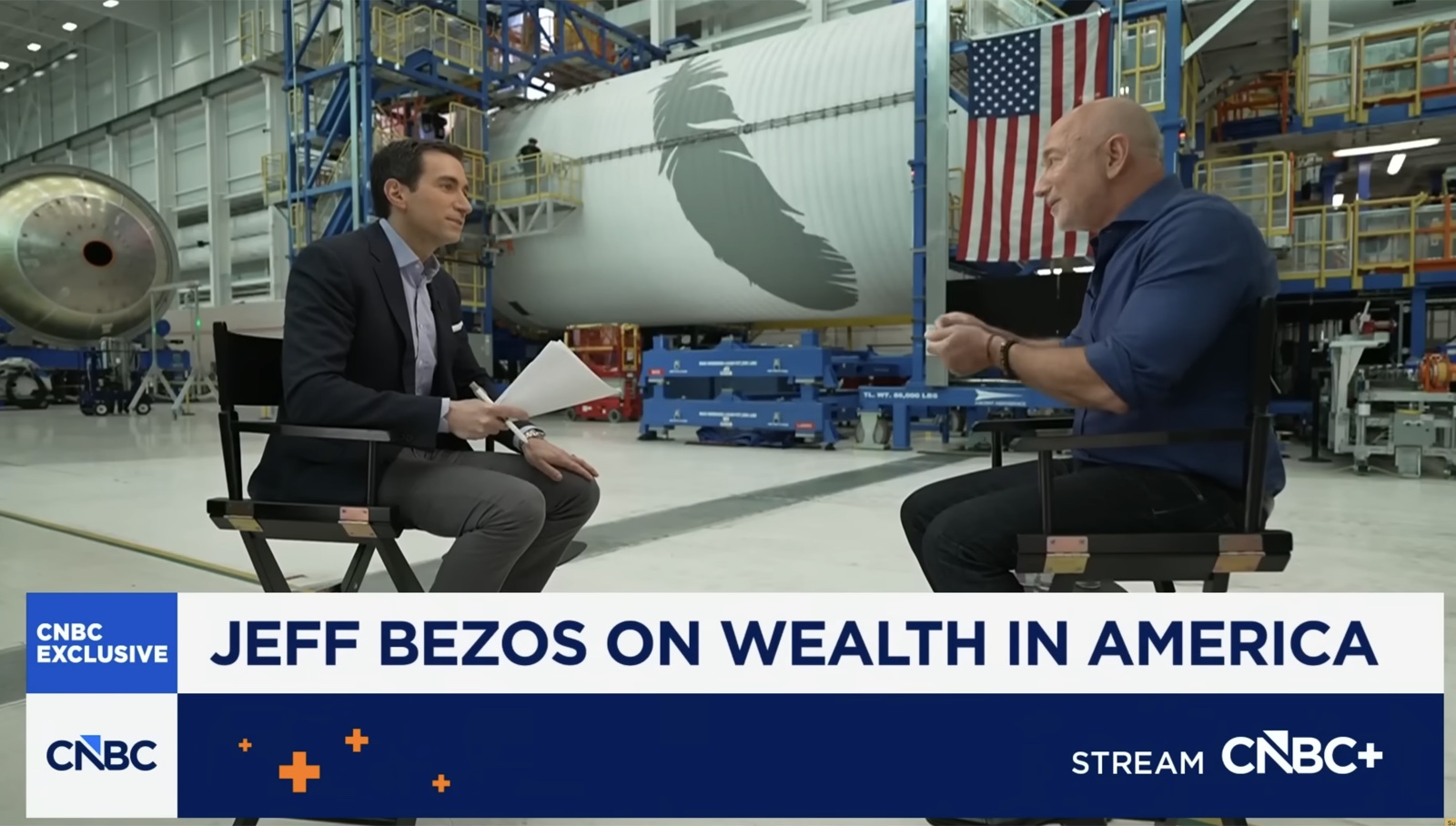 Andrew Ross Sorkin interviewing Jeff Bezos at Blue Origin's Rocket Park, May 20, 2026