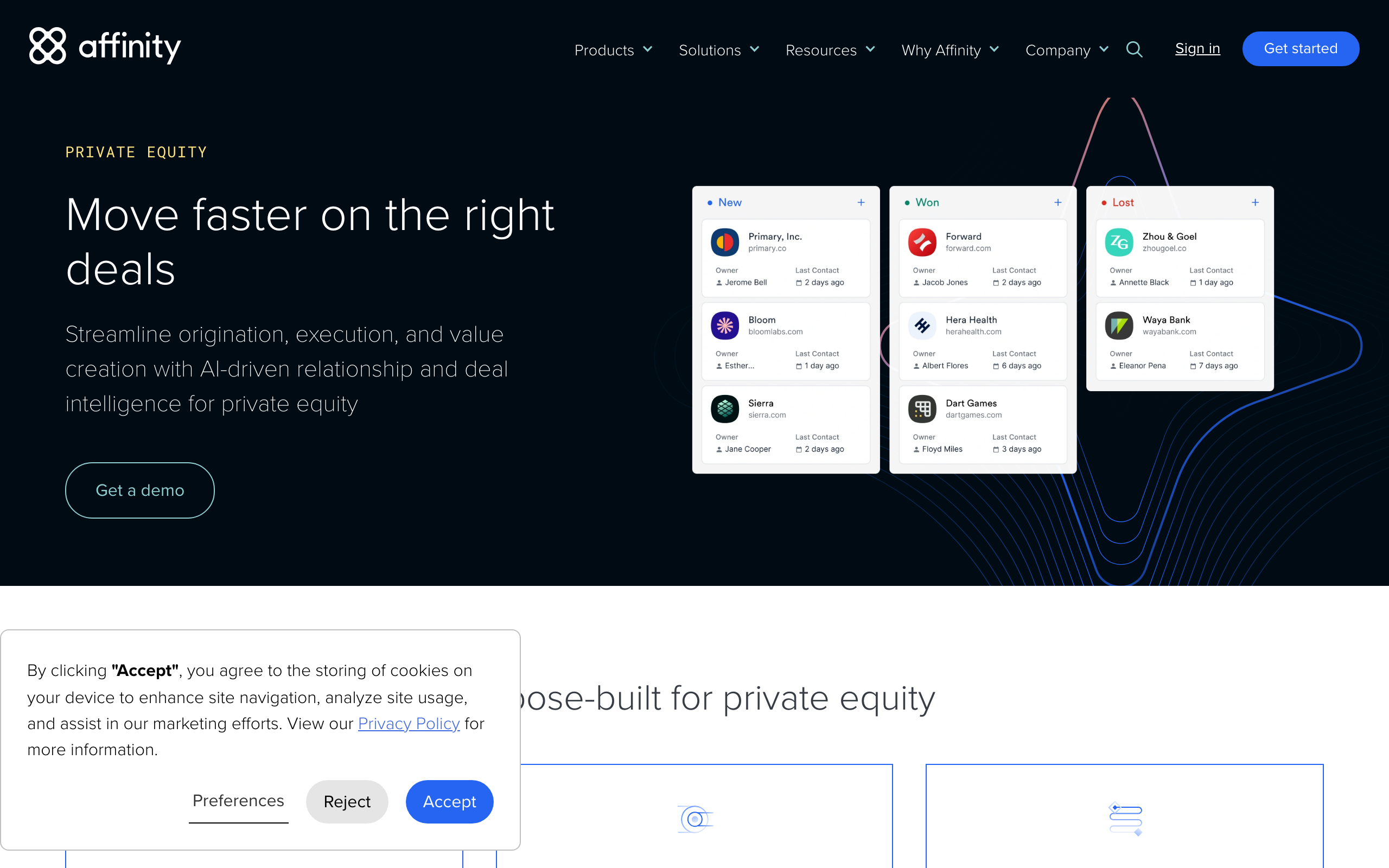 Affinity's private-equity relationship-intelligence CRM, which auto-captures email and calendar interactions to map a firm's warm-introduction graph