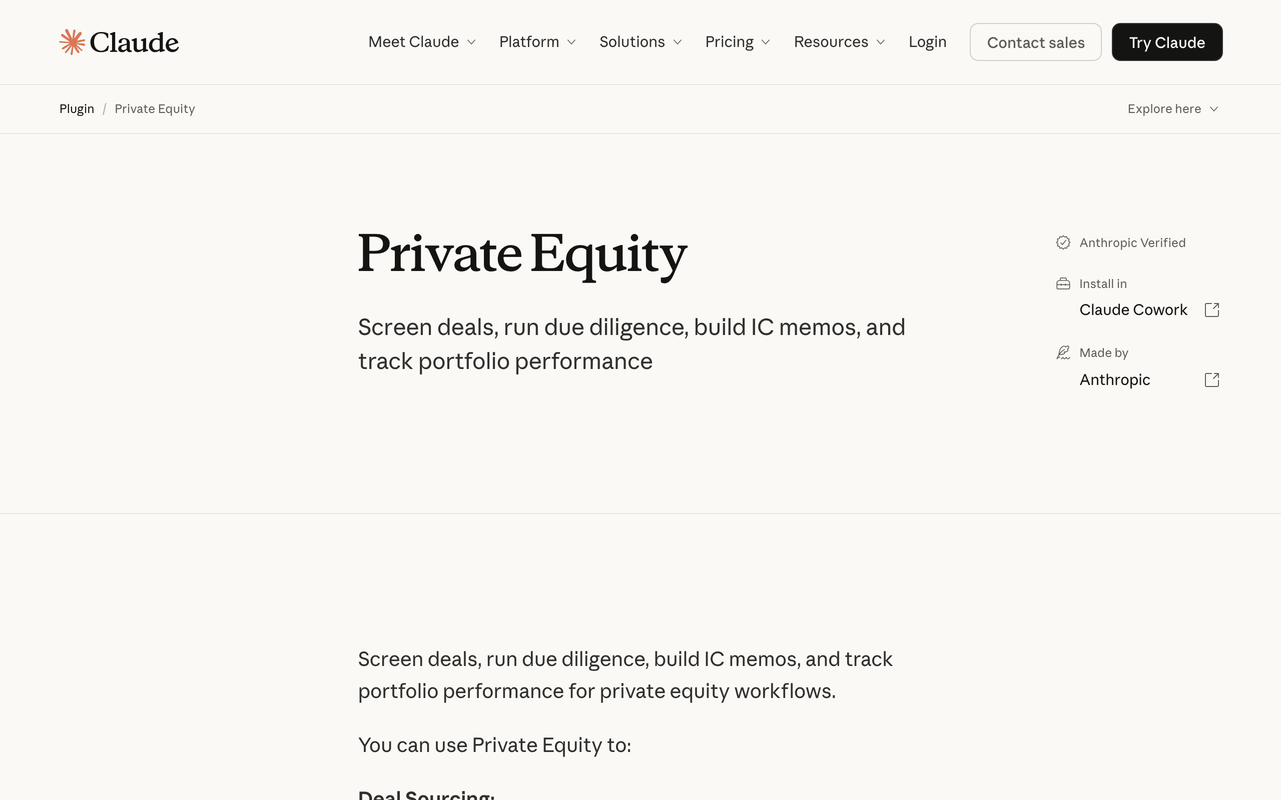 Anthropic's Claude Private Equity plugin, the foundation-model layer the article recommends for IC pre-reads, target enrichment, and outreach drafting