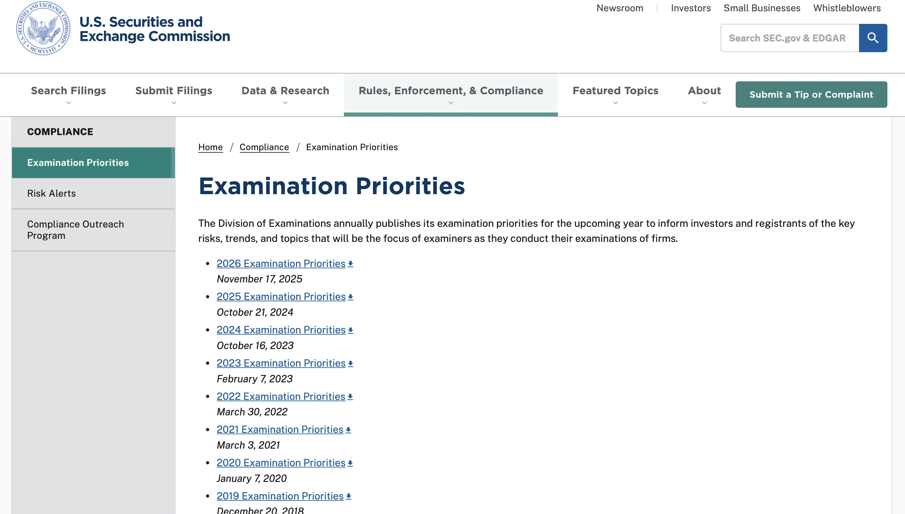 Official SEC Examination Priorities page on sec.gov listing annual focus documents, including the 2026 Examination Priorities posted November 17, 2025