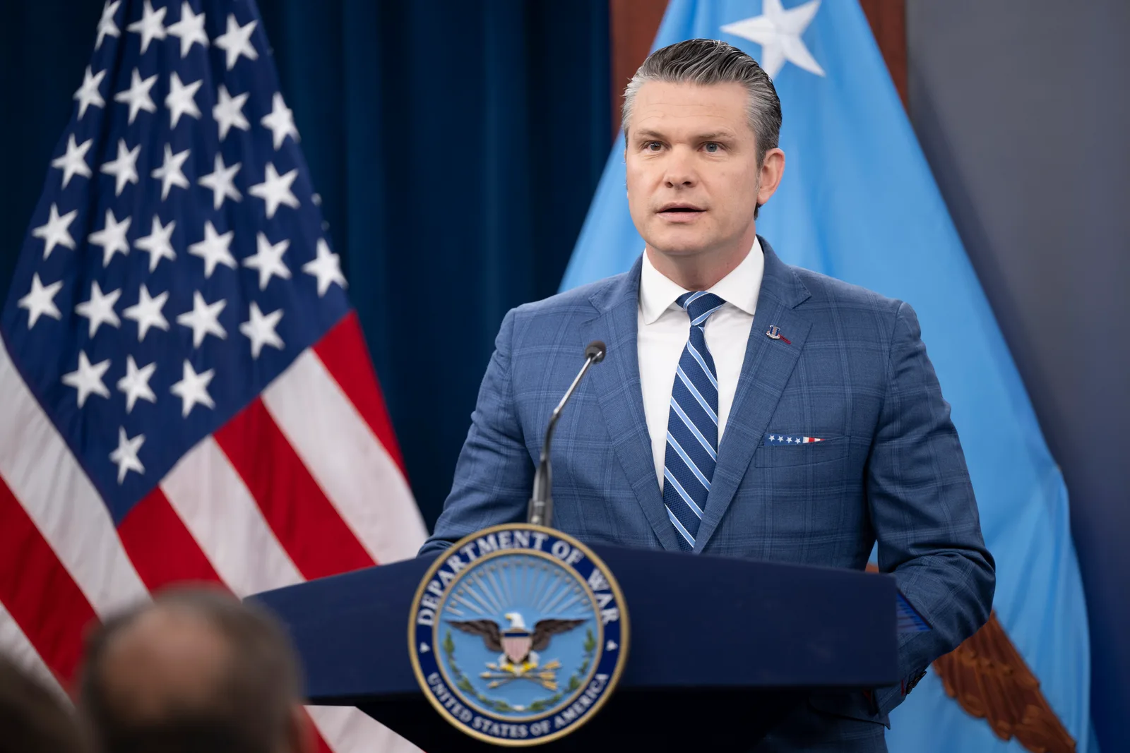 Secretary of War Pete Hegseth at a Pentagon press briefing