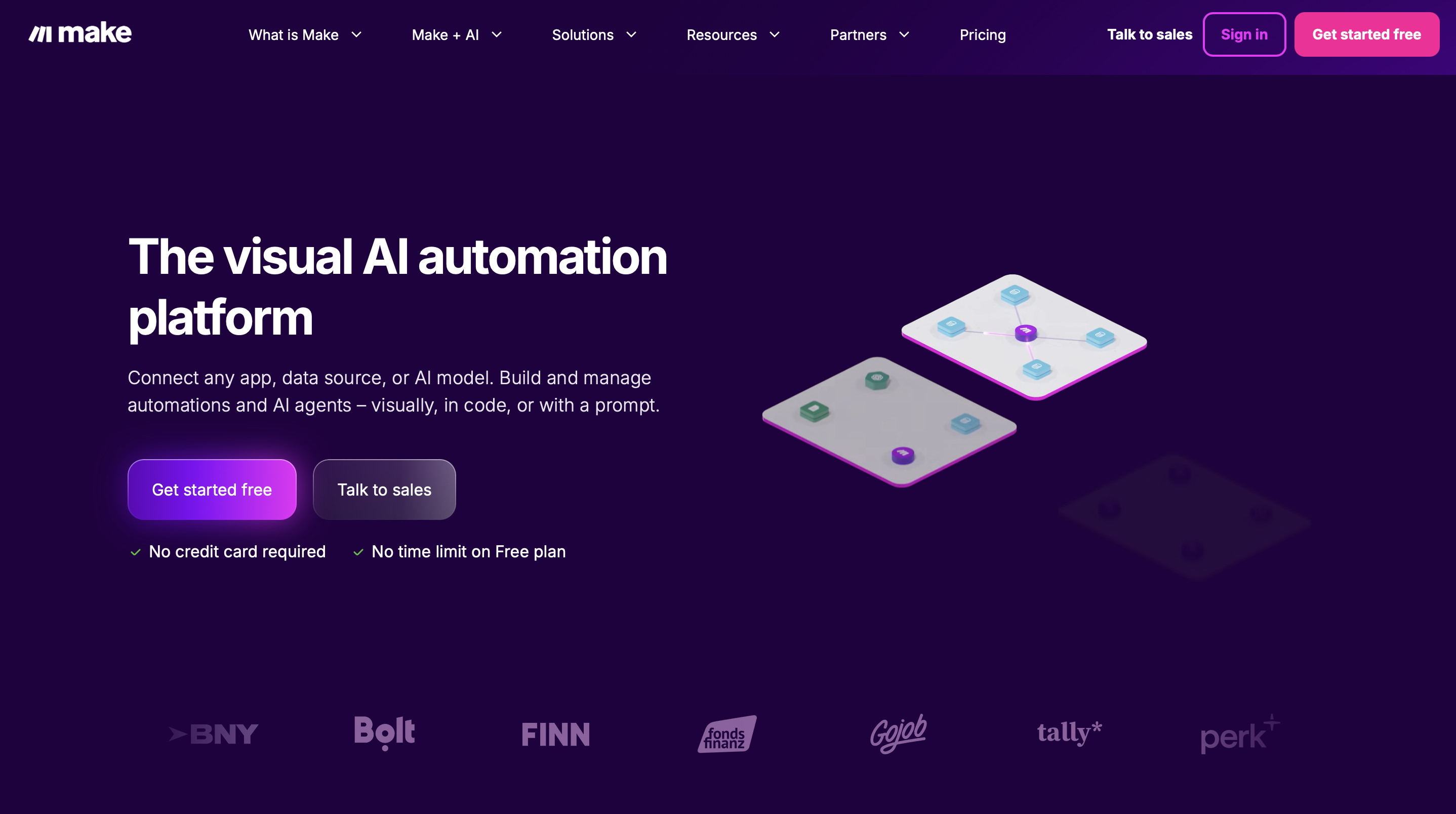 Screenshot of the Make visual AI automation platform homepage.
