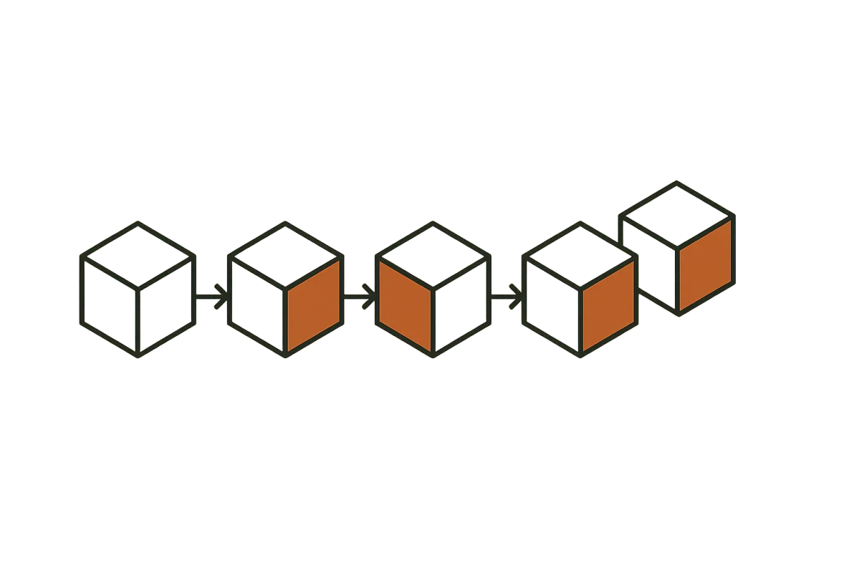 Abstract isometric cubes flowing through an automated pipeline