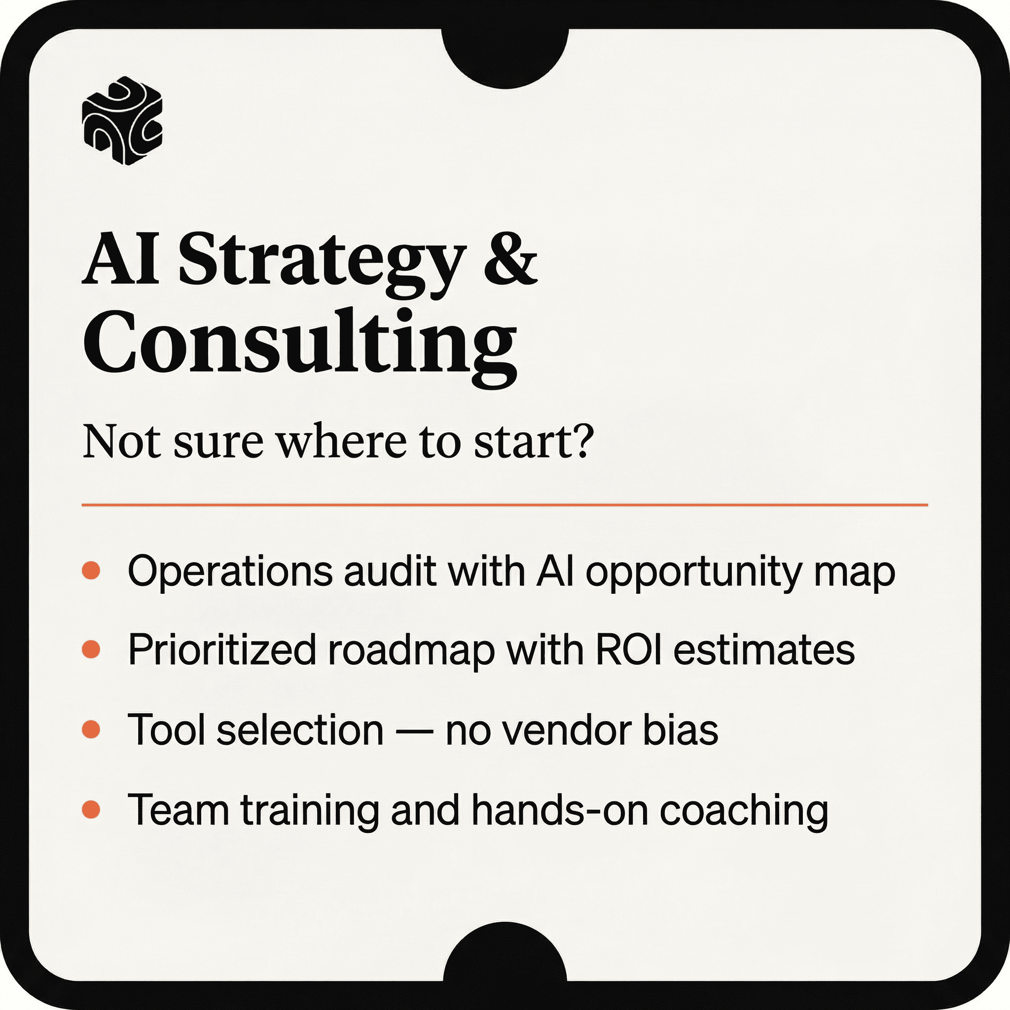 AI Strategy & Consulting — operations audit, prioritized roadmap, tool selection, team training