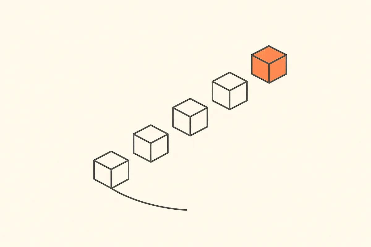 Six cube steps rising toward one highlighted cube, an abstract mark for the one-hour agenda
